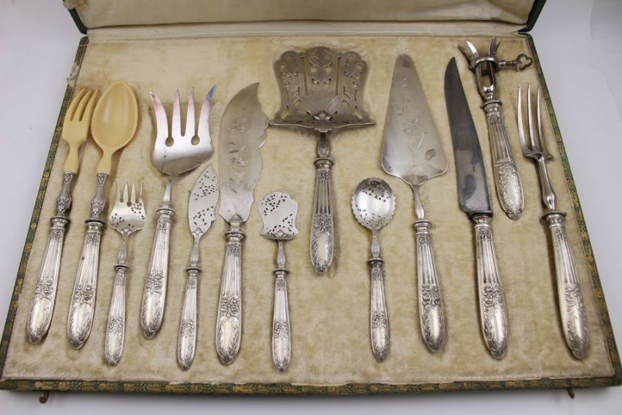 A cased set of thirteen French serving pieces with silver handles, Minerva marks - Image 2 of 2