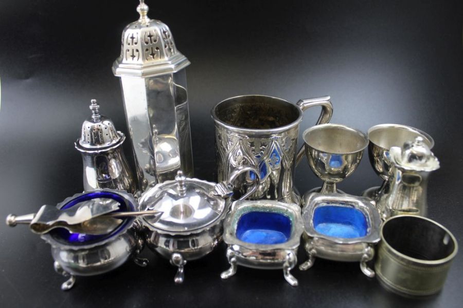 A Victorian silver plated mug dated 15.8.66, together with sugar caster and various condiments and s - Image 2 of 3
