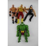 A Marvel Toy Biz shape shifting Hulk into dinosaur 1999, together with three wrestling figures
