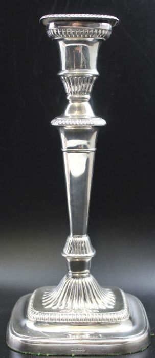 A pair of Victorian silver plated candlesticks, Adam design with gadroon borders - Image 5 of 10