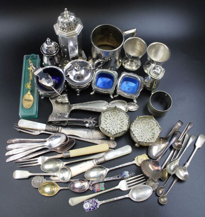 A Victorian silver plated mug dated 15.8.66, together with sugar caster and various condiments and s