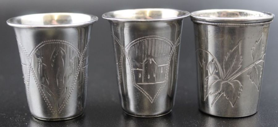 Five Russian silver vodka beakers with engraved decoration, marked 84, two dated 1870-1894 - Image 4 of 10