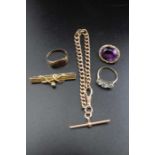 9ct gold watch chain with "T" bar and clip 17g together with a collection of 9ct rings and brooches