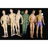 A collection of six late 20th century action figures, includes Action-man and Ken