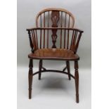 A 19th century provincial open armchair, yew & elm, low hoop back with pierced splat, turned support