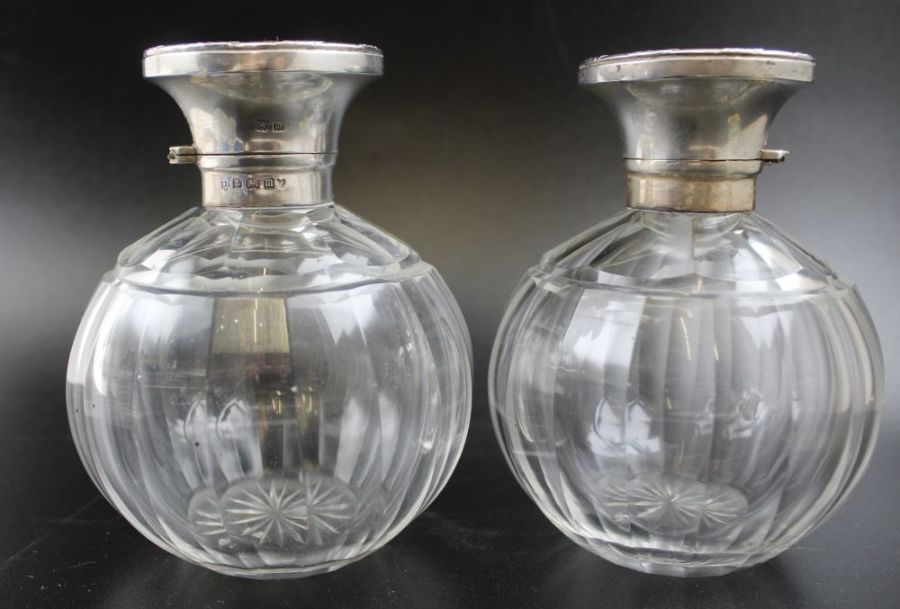 William Neale, a pair of early 20th century silver lidded facet cut globular scent bottles, - Image 2 of 6