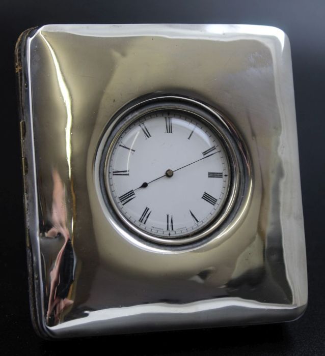 Wagner & Gerstley Ltd. A silver mounted travelling clock, Birmingham 1904, 9cm x 8cm, includes white - Image 4 of 8