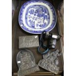 A large 19th century Willow platter, a Pentax camera, two cast metal Insurance plaques & a fungi box