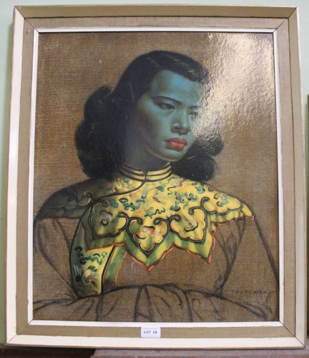 Chinese (green) girl by Tretchkoff, in part painted & hessian frame