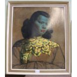 Chinese (green) girl by Tretchkoff, in part painted & hessian frame