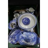 A box containing mixed blue & white decorated domestic pottery