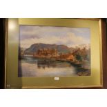 J. O. Harris "Estuary Castle" (Mountain and river landscape) Watercolour painting,