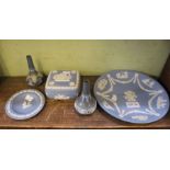 Two Doulton vases together with three pieces of Wedgwood Jasperware