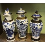 Three blue & white lidded vessels