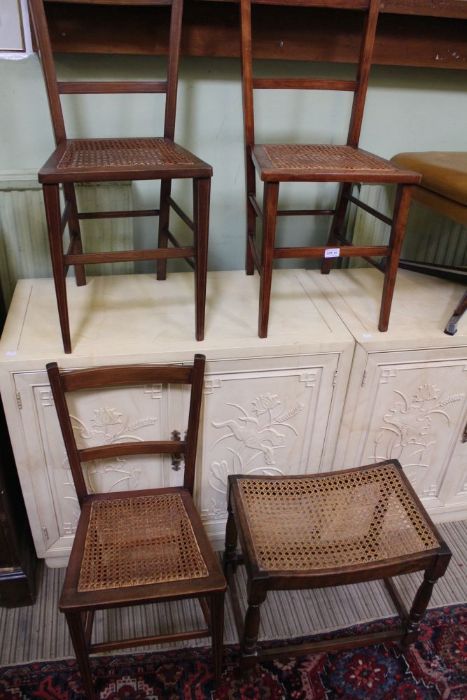 Three mahogany bergere seated chairs, together with an oak stool