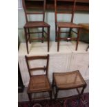 Three mahogany bergere seated chairs, together with an oak stool