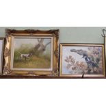 Modern oil on canvas of a Working Dog, flushing prey, together with a Robin Gibbard watercolour of a