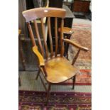 A late Victorian slat back, kitchen open armchair