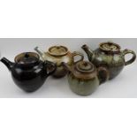 Three Winchcombe pottery teapots, and one studio pottery bachelor teapot, impressed Bourton on the W