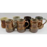 A collection of seven Winchcombe pottery mugs with different glazes and designs
