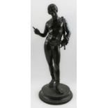 A late 19th century bronze after the Antique "Narcissus", a standing nude male, a got skin water car