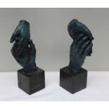 Two modern pair of hands sculptures, on square polished plinth bases, 23cm