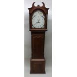 A 19th century oak & mahogany longcase clock, with swan neck pediment over hand painted arch dial