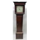 A 19th century oak longcase clock in plain form painted dial bearing the name Pierce of Stratford up