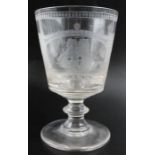 An early 19th century rummer glass, the bowl engraved "Sunderland Bridge", a sailing