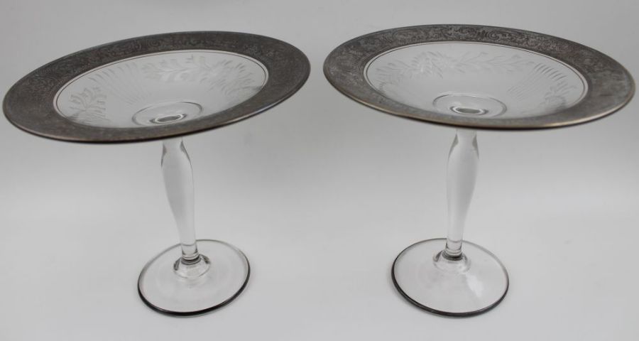 A pair of part etched tall glass comports, with plain stems and feet, 18cm high - Image 2 of 5