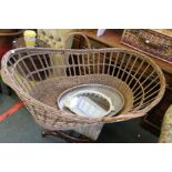 Woven wicker large size Moses basket together with a gallaried tray & a small oval mirror