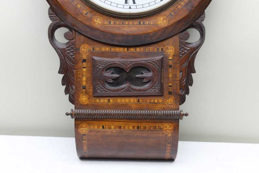 A 19th century walnut veneer wall clock, with carved & inlaid decoration, 8-day movement, 29cm dial - Image 2 of 8