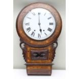 A 19th century walnut veneer wall clock, with carved & inlaid decoration, 8-day movement, 29cm dial