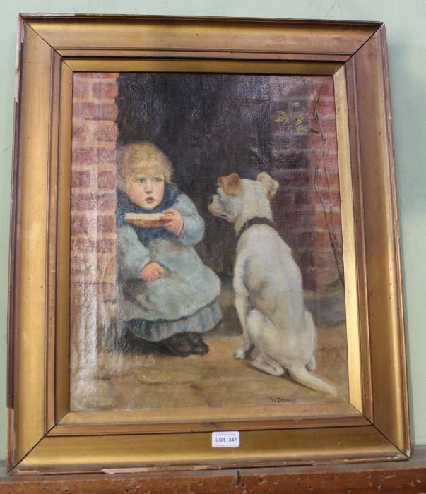 W Bromley, oil on canvas study of a young boy shielding his supper from his pet dog - Image 3 of 4