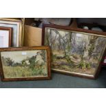 Two framed watercolours, one of a Winter Wood the other a Cottage