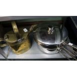 Two sautee pans & a 19th century brass watering can