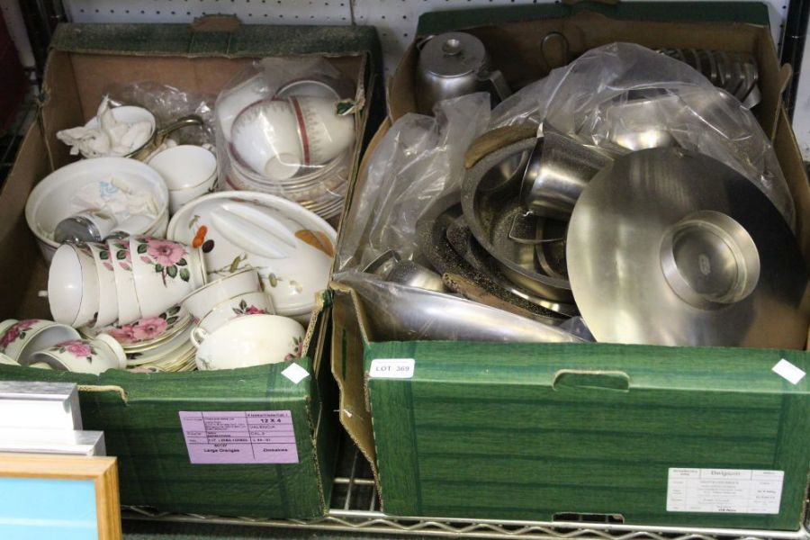 Two boxes of miscellaneous domestic items, to include part tea-services, stainless steel tableware,