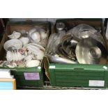 Two boxes of miscellaneous domestic items, to include part tea-services, stainless steel tableware,
