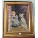 W Bromley, oil on canvas study of a young boy shielding his supper from his pet dog