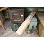 Two wooden and one metal Ammo boxes (metal on eis 1944 dated) and military bed
