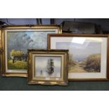 Hay cart oil painting gilt framed, Ship painting by Walker and a colour print of Cornwall, mounted s