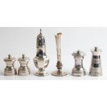 A collection of hallmarked silverware, to include a sugar caster, a weighted bud vase, a pair of
