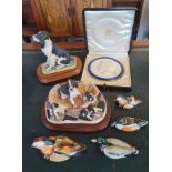 Four Peter Scott ceramic ducks, two Border Fine Arts dog ornaments, a 1937 King George VI Royal
