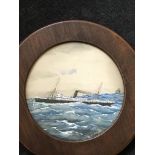 J. J. OWEN. Framed, signed, dated 1904, oil on board, ship at sea, approx diameter 20cm.