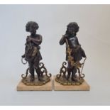 Pair 19th century gilt and patinated bronze figures modelled as two girls, one with hoop and