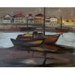 CHARLES MESSENT, framed, signed, oil on board, fishing boats with houses in the background,