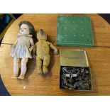 A collection of various toys to include a doll, a teddy bear, various lead figures and a Chad Valley