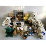 A collection of stuffed animals to include Pudsey bear, Wright Brothers 100th Anniversary Flight