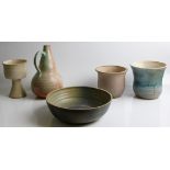 A collection of Molly Finlayson studio pottery to include a bowl, a jug and three pots, all with