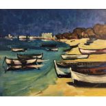 CHARLES MESSENT, framed, signed and titled ‘Beach Scene’, oil on board, various boats sitting on the